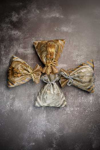 Shop_Nayaab By Sonia_Gold Tassels, Metallic Thread Work Silk Potli Bag And _Online