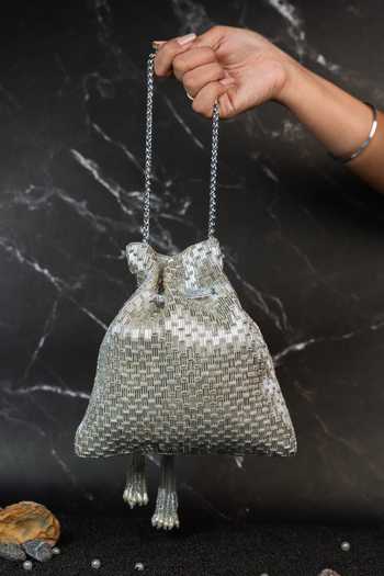 Shop_Nayaab By Sonia_Silver Beads, Pearls, Tassels Work Silk Potli And Chain _at_Aza_Fashions