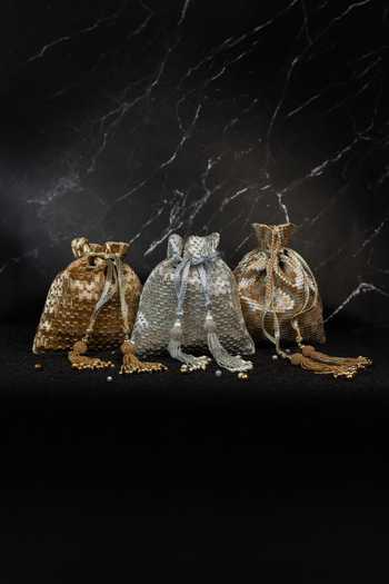 Nayaab By Sonia_Silver Beads, Pearls, Tassels Work Silk Potli And Chain _Online_at_Aza_Fashions