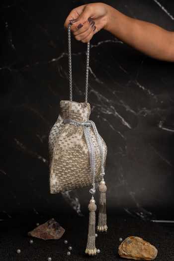 Buy_Nayaab By Sonia_Silver Beads, Pearls, Tassels Work Silk Potli And Chain _Online_at_Aza_Fashions