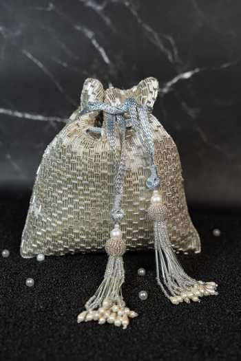 Shop_Nayaab By Sonia_Silver Beads, Pearls, Tassels Work Silk Potli And Chain _Online_at_Aza_Fashions