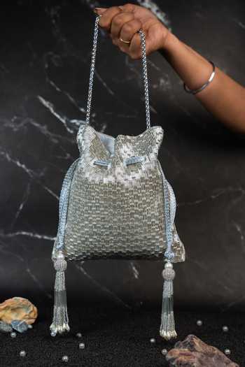 Nayaab By Sonia_Silver Beads, Pearls, Tassels Work Silk Potli And Chain _at_Aza_Fashions