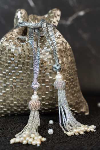 Buy_Nayaab By Sonia_Silver Beads, Pearls, Tassels Work Silk Potli And Chain 
