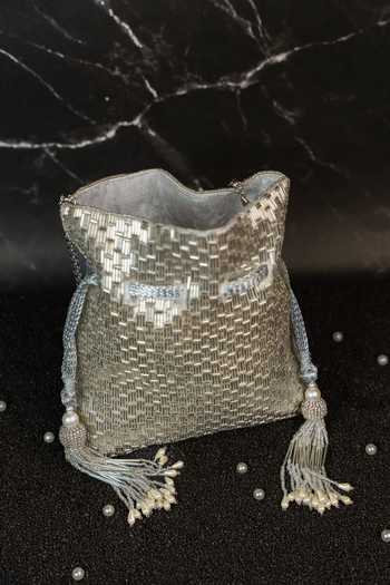 Shop_Nayaab By Sonia_Silver Beads, Pearls, Tassels Work Silk Potli And Chain 