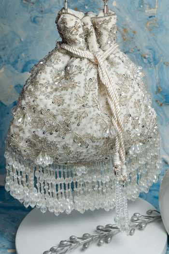 Shop_Nayaab By Sonia_White Sequins, Beads, Crystals, Fringe Silk Potli Bag With Chain _at_Aza_Fashions