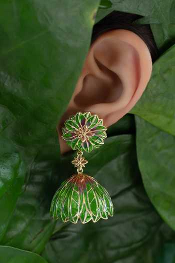 Buy_Manner_Green Bloom Lotus Jhumki Earrings _at_Aza_Fashions