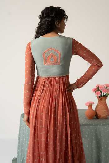Shop_Baise Gaba_Orange Chiffon, Muslin Patchwork Aarohi Bandhej Print Anarkali Set With Jacket _at_Aza_Fashions