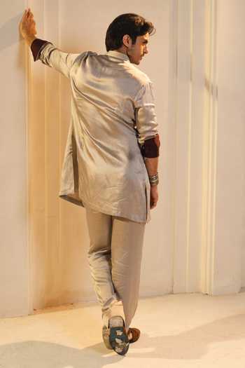 Shop_Jatin Malik_Silver Silk, Linen Samudra Kurta Set _at_Aza_Fashions