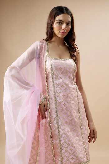 Shop_Monk & Mei By Sonia Anand_Pink Silk, Brocade, Chiffon Pearls Square Neck Florin Jaal Woven Kurta Pant Set _Online_at_Aza_Fashions