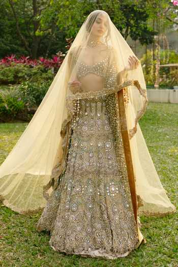 Shop_Itrh_Pink Organza Sequins, Stones, Mirrors Mrigakshi Embroidered Lehenga With Blouse 