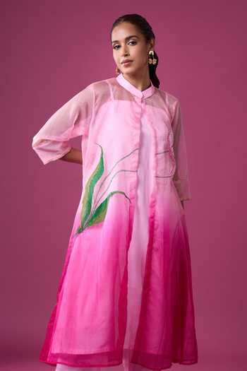Buy_Khwaab By Sanjana Lakhani_Pink Organza Embroidery Mandarin Collar Hand Painted Jacket Pant Set _Online_at_Aza_Fashions