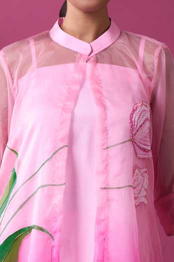Khwaab By Sanjana Lakhani_Pink Organza Embroidery Mandarin Collar Hand Painted Jacket Pant Set _at_Aza_Fashions
