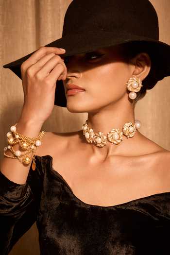 Mnsh_Gold Plated Pearls Rosee Bloom Bracelet _at_Aza_Fashions