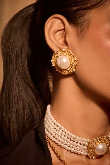 Shop_Mnsh_White Pearls, Crystals Audrey Bloom Embellished Stud Earrings _at_Aza_Fashions