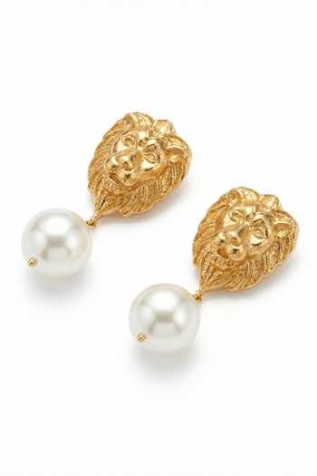 Mnsh_White Pearls Lion Shaped Earrings _Online_at_Aza_Fashions