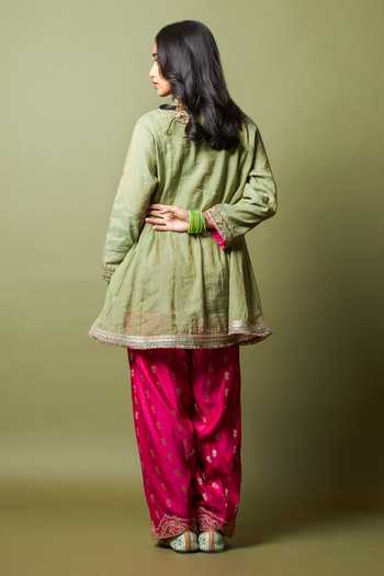 Shop_Pants And Pajamas_Green , Silk Zari, Embroidery V-neck, Kamalya Kurta And Pant Set _at_Aza_Fashions