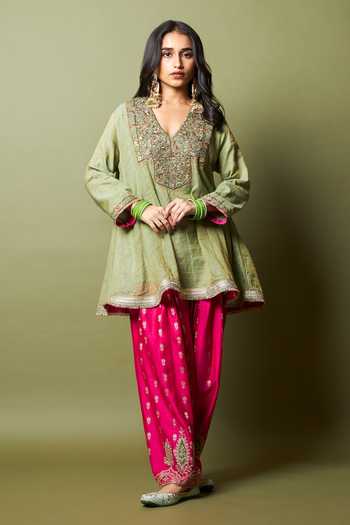 Buy_Pants And Pajamas_Green , Silk Zari, Embroidery V-neck, Kamalya Kurta And Pant Set _at_Aza_Fashions