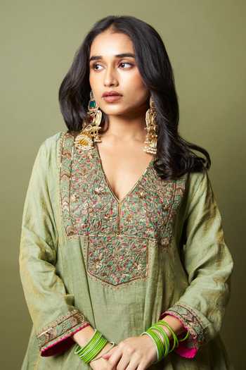 Buy_Pants And Pajamas_Green , Silk Zari, Embroidery V-neck, Kamalya Kurta And Pant Set _Online_at_Aza_Fashions
