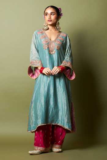 Buy_Pants And Pajamas_Blue Silk, Chanderi Embroidery, Zari V-neck Neelam Riwaaz Kaftan And Pant Set _at_Aza_Fashions
