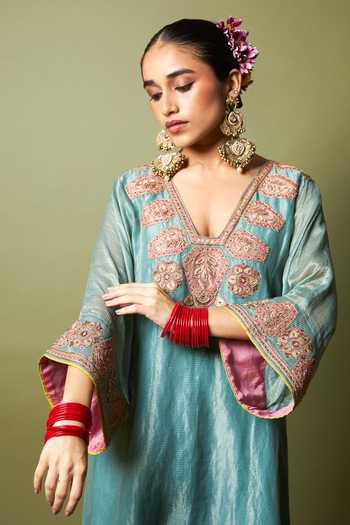 Pants And Pajamas_Blue Silk, Chanderi Embroidery, Zari V-neck Neelam Riwaaz Kaftan And Pant Set _Online_at_Aza_Fashions