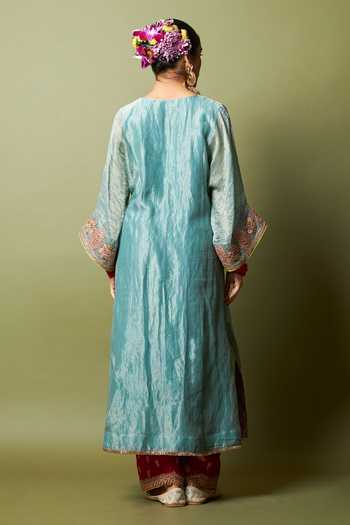 Shop_Pants And Pajamas_Blue Silk, Chanderi Embroidery, Zari V-neck Neelam Riwaaz Kaftan And Pant Set _at_Aza_Fashions