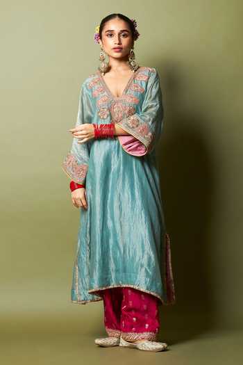 Buy_Pants And Pajamas_Blue Silk, Chanderi Embroidery, Zari V-neck Neelam Riwaaz Kaftan And Pant Set _Online_at_Aza_Fashions