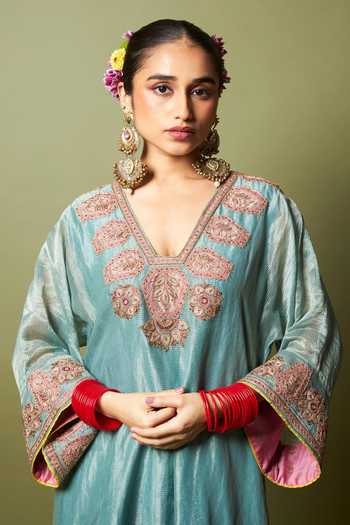 Shop_Pants And Pajamas_Blue Silk, Chanderi Embroidery, Zari V-neck Neelam Riwaaz Kaftan And Pant Set _Online_at_Aza_Fashions