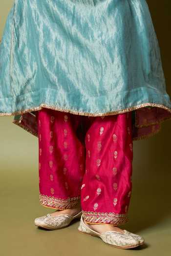 Buy_Pants And Pajamas_Blue Silk, Chanderi Embroidery, Zari V-neck Neelam Riwaaz Kaftan And Pant Set 