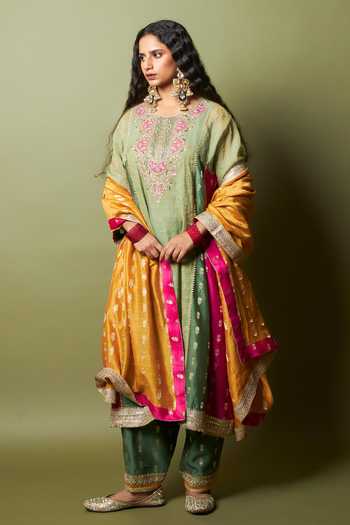 Buy_Pants And Pajamas_Green Chanderi Silk Embroidery Ratna Pratha Salwar _at_Aza_Fashions