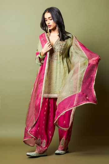 Buy_Pants And Pajamas_Green , Organza, Embroidery, Zari Kamalya Kurta Set _at_Aza_Fashions
