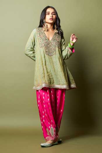 Buy_Pants And Pajamas_Green Chanderi Embroidery, Zari V-neck Kamalya Kurta _at_Aza_Fashions