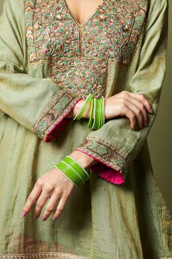 Pants And Pajamas_Green Chanderi Embroidery, Zari V-neck Kamalya Kurta _at_Aza_Fashions