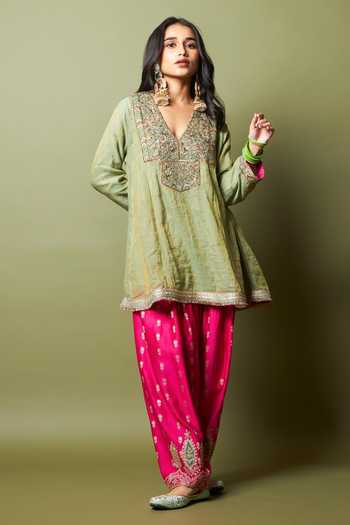 Buy_Pants And Pajamas_Pink Chanderi Silk Embroidery Kamalya Salwar _at_Aza_Fashions