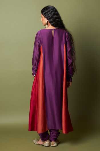 Shop_Pants And Pajamas_Red , Chanderi, Organza, Cotton Embroidery, Zari Round Amira Kurta Set _at_Aza_Fashions