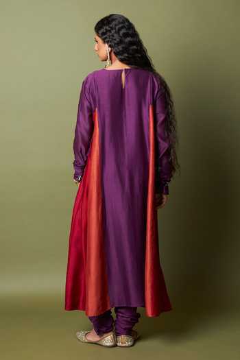 Shop_Pants And Pajamas_Purple Silk, Chanderi, Cotton Embroidery Round Neck Amira Kurta And Pant Set _at_Aza_Fashions