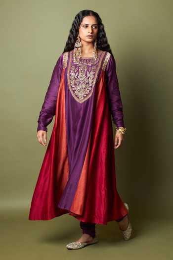 Shop_Pants And Pajamas_Purple Silk, Chanderi, Cotton Embroidery Round Neck Amira Kurta And Pant Set _Online_at_Aza_Fashions