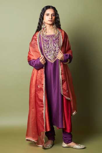 Buy_Pants And Pajamas_Purple Silk, Chanderi, Cotton Embroidery Round Neck Amira Kurta And Pant Set 