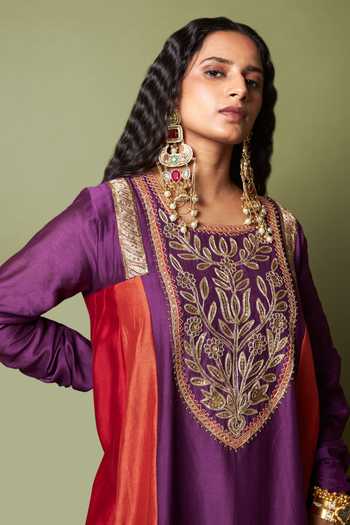 Shop_Pants And Pajamas_Purple Silk, Chanderi, Cotton Embroidery Round Neck Amira Kurta And Pant Set 