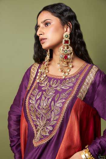 Pants And Pajamas_Purple Silk, Chanderi, Cotton Embroidery Round Neck Amira Kurta And Pant Set _Online