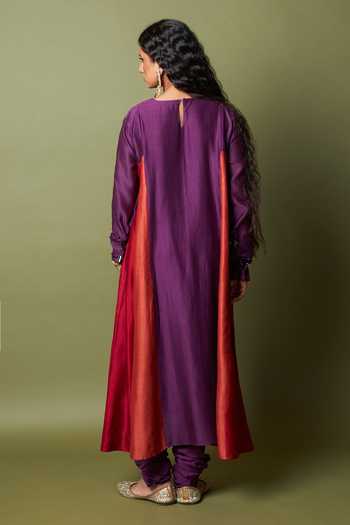 Shop_Pants And Pajamas_Red Silk, Chanderi Embroidery, Zari Round Neck Amira Kurta _at_Aza_Fashions