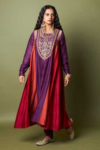 Buy_Pants And Pajamas_Red Silk, Chanderi Embroidery, Zari Round Neck Amira Kurta _at_Aza_Fashions