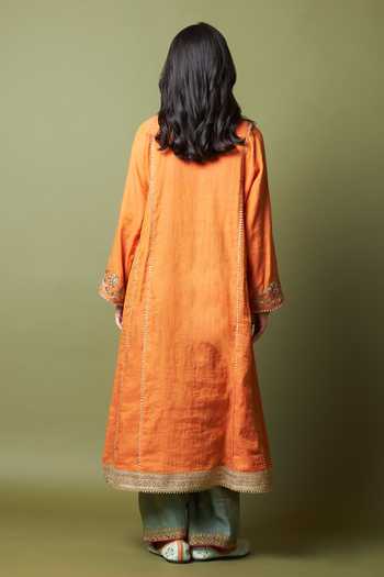 Shop_Pants And Pajamas_Orange Chanderi Embroidery, Zari Round Neck Ratnashree Kurta Set _at_Aza_Fashions