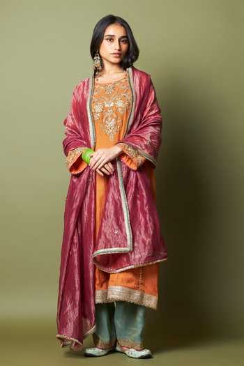 Buy_Pants And Pajamas_Orange Chanderi Embroidery, Zari Round Neck Ratnashree Kurta Set _at_Aza_Fashions