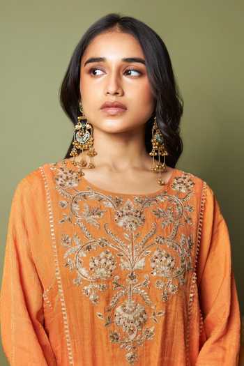 Shop_Pants And Pajamas_Orange Chanderi Embroidery, Zari Round Neck Ratnashree Kurta Set _Online_at_Aza_Fashions
