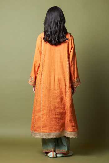 Shop_Pants And Pajamas_Orange Chanderi Zari, Embroidery Ratnashree Kurta And Pant Set _at_Aza_Fashions