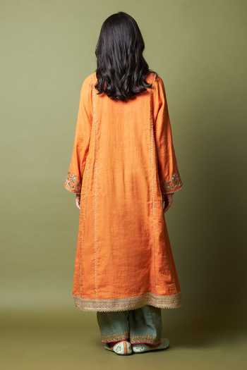 Shop_Pants And Pajamas_Orange Chanderi Embroidery, Zari Round Neck, Yes Ratnashree Kurta _at_Aza_Fashions