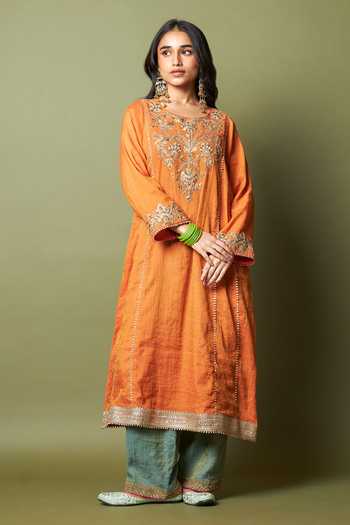 Buy_Pants And Pajamas_Orange Chanderi Embroidery, Zari Round Neck, Yes Ratnashree Kurta _at_Aza_Fashions