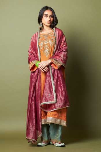 Buy_Pants And Pajamas_Orange Chanderi Embroidery, Zari Round Neck, Yes Ratnashree Kurta _Online_at_Aza_Fashions