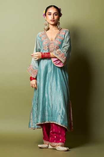 Buy_Pants And Pajamas_Pink Silk, Chanderi Embroidery Neelam Riwaaz Salwar _at_Aza_Fashions
