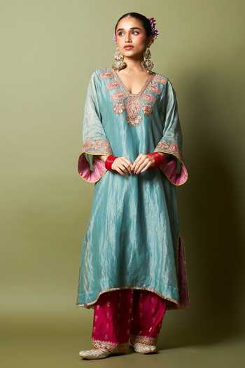 Buy_Pants And Pajamas_Pink Silk, Chanderi Embroidery Neelam Riwaaz Salwar _Online_at_Aza_Fashions